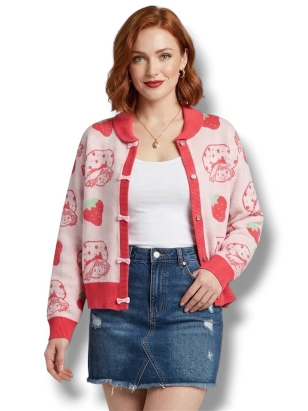 Strawberry Shortcake Bows Pink Collared Cardigan (Large)